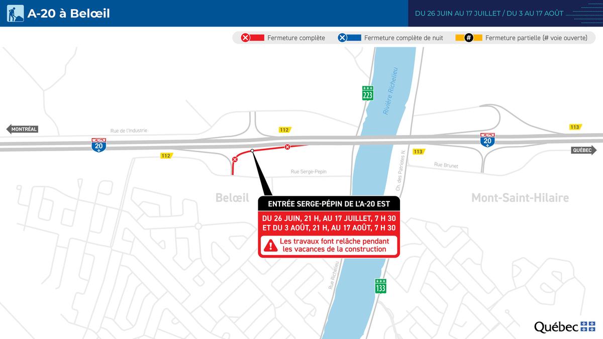 Carte du secteur des travaux sur l'autoroute 20 en direction est à Belœil