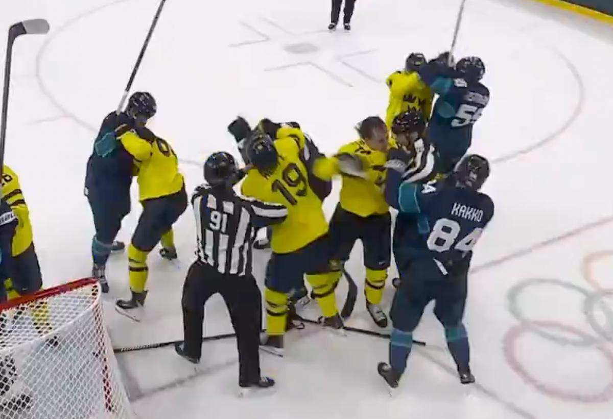 Line brawl during Sweden-Finland matchup.